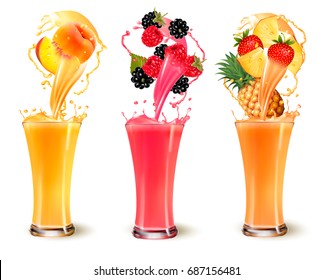 Set of fruit juice splash in a glass. Strawberry peach, rasberry, pineapple and blackberry. Vector