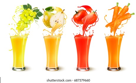 Set of fruit juice splash in a glass. Grapes, pear, carrot and tomato. Vector