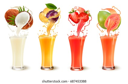 Set of fruit juice splash in a glass. Coconut, plum, strawberry and guava. Vector