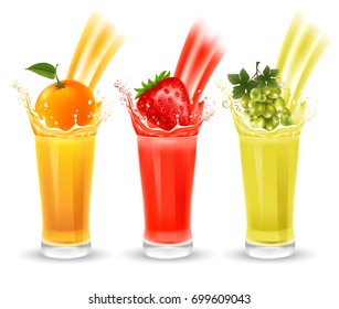 Set of fruit juice with splash in a glass. Orange, strawberry and vine. Vector illustration.
