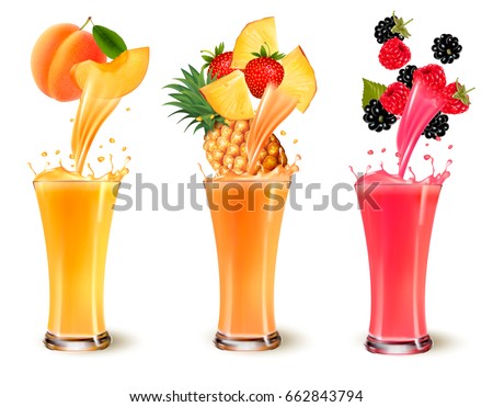 Set of fruit juice splash in a glass. Apricot, pineapple, strawberry, raspberry and blackberry.
 Vector