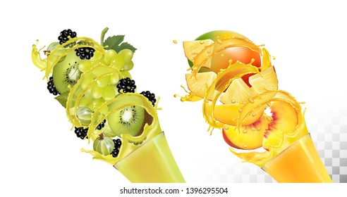 Set of fruit juice splash in glasses. . Grapes, kiwi, blackberry, gooseberry, mango, peach, pineapple. Vector.