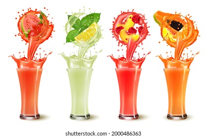 Set of fruit juice splash in a glasses. Strawberry, guava, mint, citron, raspberry, peach, raspberry, papaya, orange and cherry. Vector