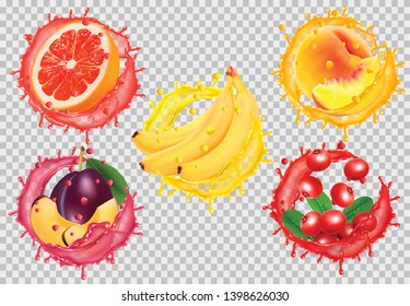 Set of fruit juice splash. Grapefruit, peach, banana, plum, cowberry. Vector