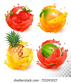 Set of fruit juice splash. Mango, strawberry, watermelon, pineapple, Vector