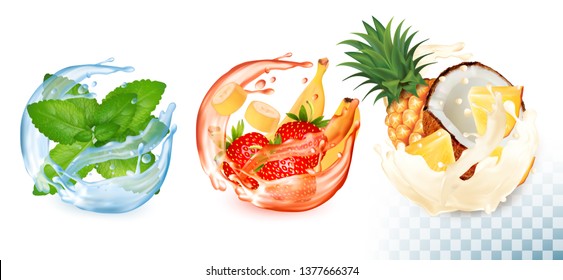 Set of fruit juice splash. Mint, strawberry, banana, pineapple, coconut. Vector
