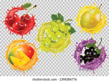 Set of fruit in juice splash on transparent background. Cherry, pear, mango, grapes, blackberry. Vector