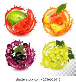 Set of fruit in juice splash. Peach, black currant, watermelon, grapes. Vector