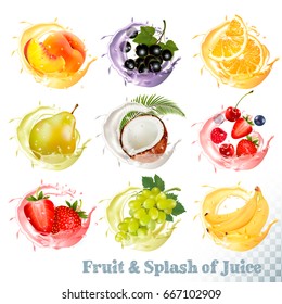 Juego de jugo de frutas jugo de jugo. Melocotón, naranja, pera, uva, plátano, coco, arándano, fresa, frambuesa y moras. Vector