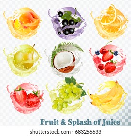 Juego de jugo de frutas jugo de jugo. Melocotón, naranja, pera, uva, plátano, coco, arándano, fresa, frambuesa y moras. Vector