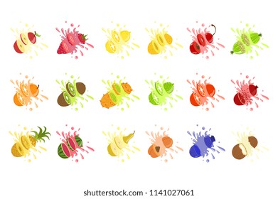 Set of fruit juice splash . Pineapple, strawberry, watermelon, mango, peach, blackberry, raspberry, banana, guava, bueberry, coconut. Vector