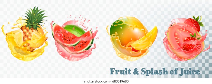 Set Of Fruit Juice Splash . Pineapple, Strawberry, Watermelon, Mango And Guava. Vector