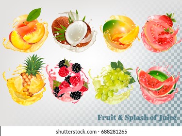 Set of fruit juice splash . Pineapple, strawberry, watermelon, mango, peach, blackberry, raspberry, grapes, coconut. Vector