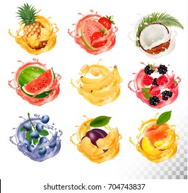 Set Fruchtsaft Splash . Ananas, Erdbeere, Wassermelone, Mango, Pfirsich, Brombeere, Himbeere, Banane, Guava, Bueberry, Kokosnuss. Vektorgrafik