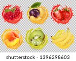 Set of fruit juice splash. Raspberry, plum, strawberry, banana, kiwi, peach, raspberry, Vector