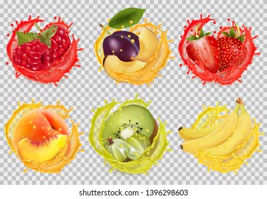 Set Of Fruit Juice Splash. Raspberry, Plum, Strawberry, Banana, Kiwi, Peach, Raspberry, Vector