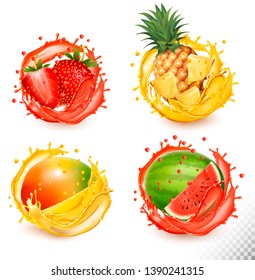 Set of fruit juice splash. Strawberry, pineapple, watermelon, mango. Vector