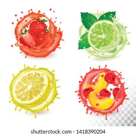 Set of fruit in juice splash. Strawberry,  mint, lime, raspberry, peach, grapefruit and raspberry. Vector