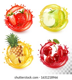 Set of fruit juice splash. Strawberry, pineapple, apple, cherry. Vector