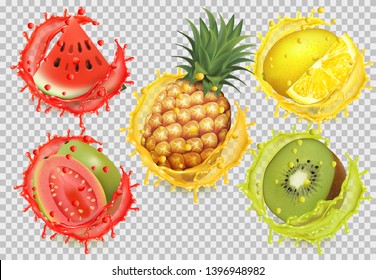 Set of fruit juice splash. Watermelon, citron, guava, pineapple. Vector