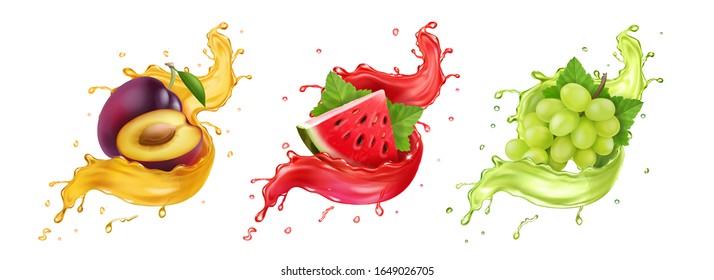 Set of fruit juice splash. White grapes, watermelon, plum Vector