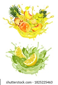 Juego de jugos de frutas salpicadas. Piña entera y rebanada, mango, cal de melocotón, naranja, plátano en zumo o cóctel con salpicaduras y gotas aisladas en un fondo transparente. Vector.