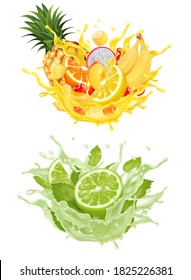 Set of fruit juice splash. Whole and sliced pineapple, mango, peach lime, orange, banana dragon in juice or cocktail with splashes and drops isolated on transparent background. Vector.