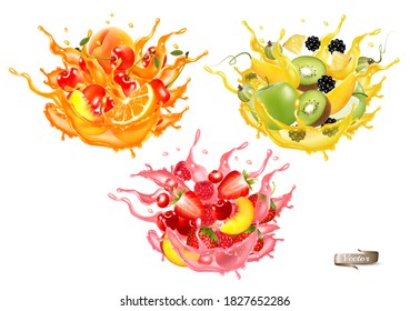 Set of fruit juice splash. Whole and sliced Strawberry, raspberry, mango, peach, kiwi, orange, cherry in juice or cocktail with splashes and drops isolated on transparent background. Vector.