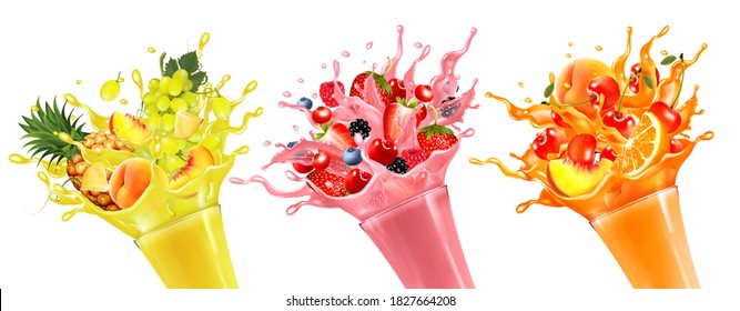 Juego de jugos de frutas salpicadas. Piña entera y rebanada, mango, melocotón, naranja, cereza, arándano, fresa y uva en jugo con salpicaduras y gotas aisladas en fondo transparente. Vector.