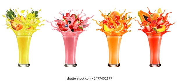 Set of fruit juice splash. Whole and sliced pineapple, mango, peach, orange, cherry, blueberry, strawberry, grape, papaya in juice with splashes and drops isolated on transparent background. Vector.