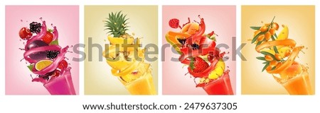 Set of fruit juice splash. Whole and sliced pineapple, mango, peach, orange, cherry, blueberry, strawberry, papaya, sea buckthorns in juice with splashes and drops. Vector