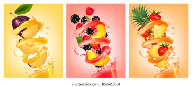 Set of fruit in juice splashes. Peach, strawberry, blackberry, pineapple, strawberry and peach. Vector.
