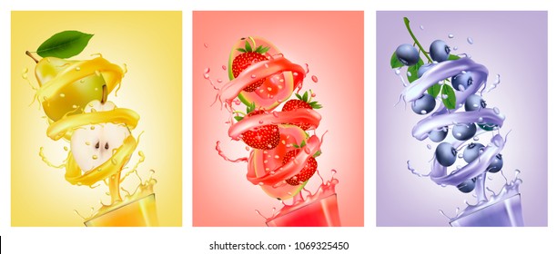 Set of fruit in juice splashes. Pear, strawberry, blueberry, guava. Vector.