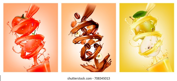 Set of fruit in juice splashes.Pear, chocolate, coffee, tomato. Vector.