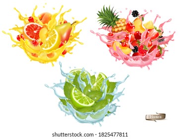 Set of fruit juice and water splash. Whole and sliced pineapple, mango, peach, lime, orange, grapefruit in juice and water with splashes and drops isolated on transparent background. Vector.