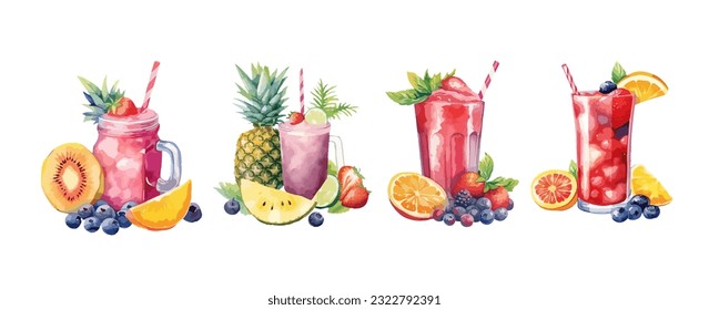 Set of fruit juice watercolor isolated on white background. Healthy drinking collection vector illustration