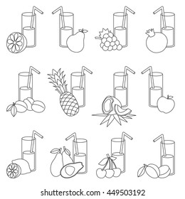 Set of fruit juices to be colored. Coloring book to educate kids. Learn colors. Visual educational game. Easy kid gaming and primary education. Simple level of difficulty. Coloring pages.