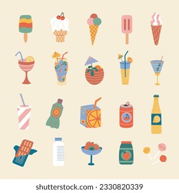 Set of Fruit juices, Retro lemonades, Summer cocktails, Retro ice cream, vector isolated on white background, Vintage nostalgia element 70s, 80s, 90s vibes. 