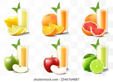 Set of fruit juices or smoothies isolated on transparent background. Bright exotic fruit cocktail in a glass with ripe fruits. Realistic 3d vector illustration. Summer design. Healthy food,