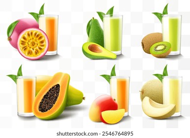 Set of fruit juices or smoothies isolated on transparent background. Bright exotic fruit cocktail in a glass with ripe fruits. Realistic 3d vector illustration. Summer design. Healthy food,