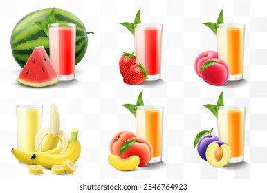 Set of fruit juices or smoothies isolated on transparent background. Bright exotic fruit cocktail in a glass with ripe fruits. Realistic 3d vector illustration. Summer design. Healthy food,