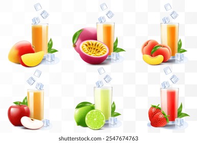 Set of fruit juices or smoothies isolated on transparent background. Bright exotic fruit cocktail in a glass with ripe fruits and ice cubes. Realistic 3d vector illustration