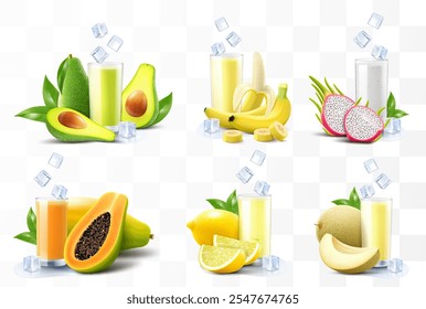 Set of fruit juices or smoothies isolated on transparent background. Bright exotic fruit cocktail in a glass with ripe fruits and ice cubes. Realistic 3d vector illustration