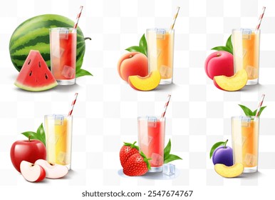 Set of fruit juices or smoothies isolated on transparent background. Bright exotic fruit cocktail in a glass with ripe fruits and straw. Realistic 3d vector illustration. Summer design. Healthy food,