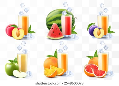 Set of fruit juices or smoothies isolated on transparent background. Bright exotic fruit cocktail in a glass with ripe fruits and ice cubes. Realistic 3d vector illustration