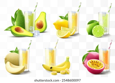 Set of fruit juices or smoothies isolated on transparent background. Bright exotic fruit cocktail in a glass with ripe fruits and straw. Realistic 3d vector illustration. Summer design. Healthy food,