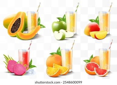 Set of fruit juices or smoothies isolated on transparent background. Bright exotic fruit cocktail in a glass with ripe fruits and straw. Realistic 3d vector illustration. Summer design. Healthy food,