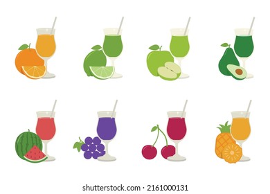 Set fruit Juices Vector Illustration, Including Lemon, apple, orange, grapes, cherry, dragon fruit.
