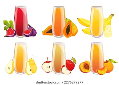 A set of fruit juices.Apple, pear.banana.peach juice and juice with figs, papaya.Summer refreshing drinks.