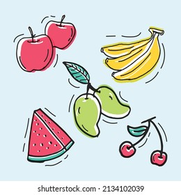 set of fruit for kids. red apple, banana, watermelon, mango and cherry fruits illustration on blue background. hand drawn vector. doodle art for wallpaper, poster, card, logo, label, sticker, clipart.